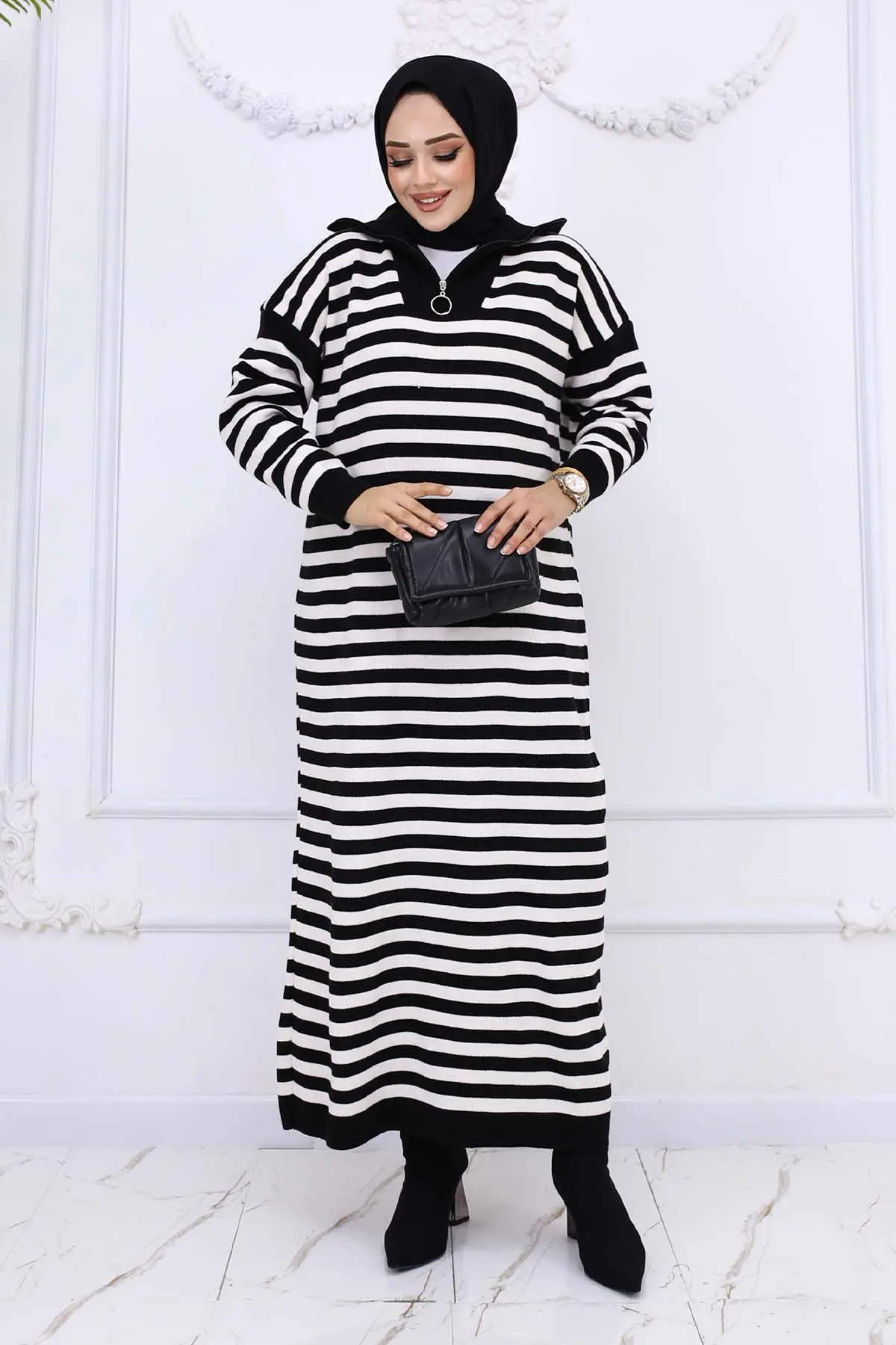 Turtleneck Striped Knitwear Dress-detail