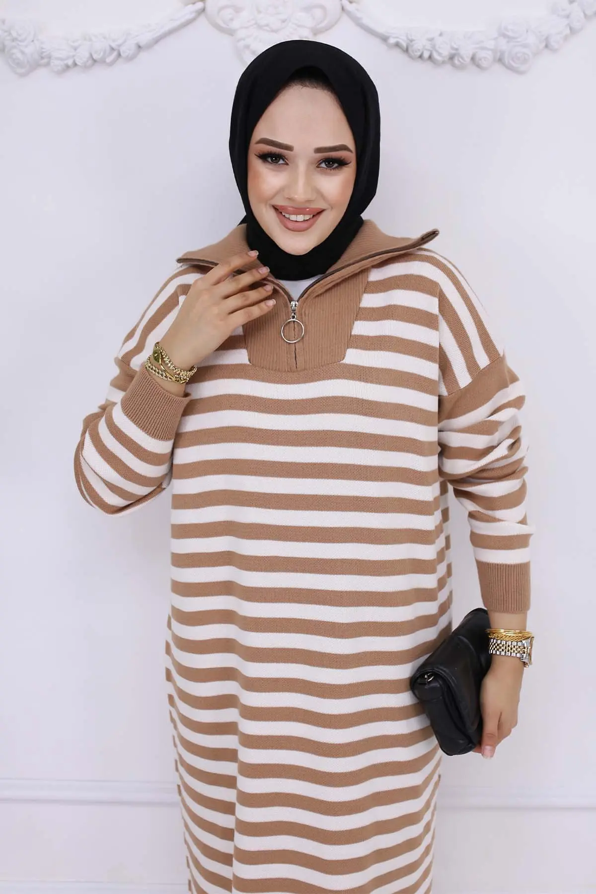 Turtleneck Striped Knitwear Dress-detail