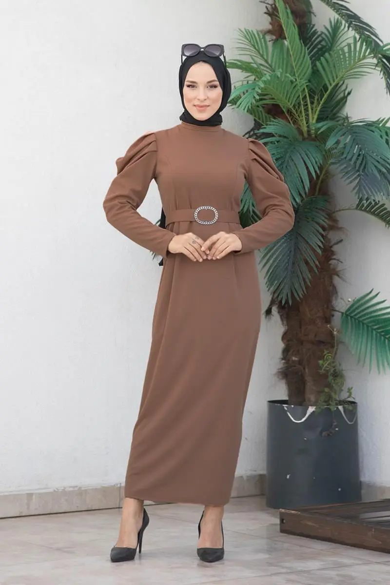 Balon Kol Elbise Kahverengi-detail