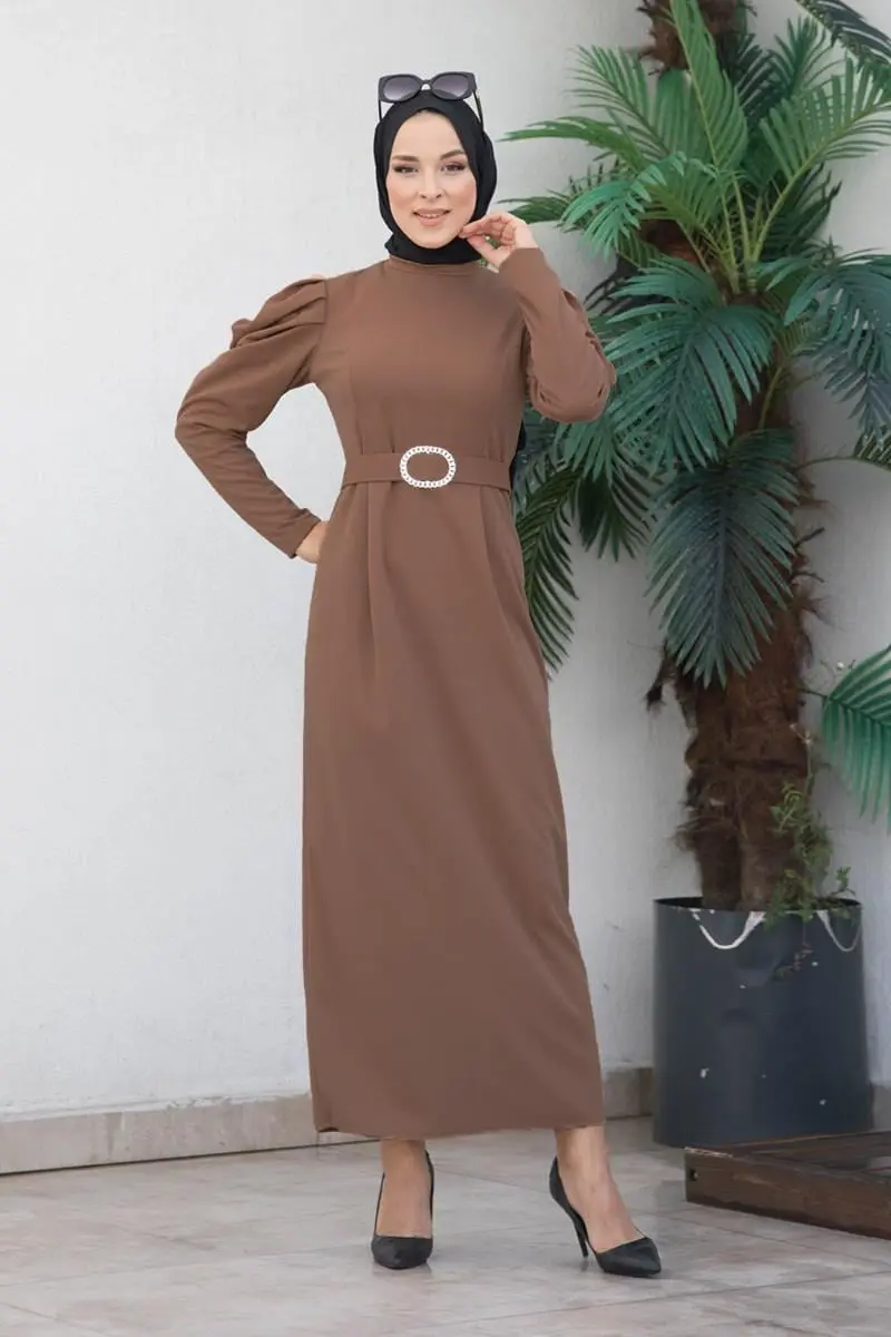 Balon Kol Elbise Kahverengi-detail