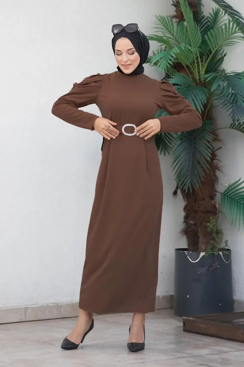 Balon Kol Elbise Kahverengi-detail