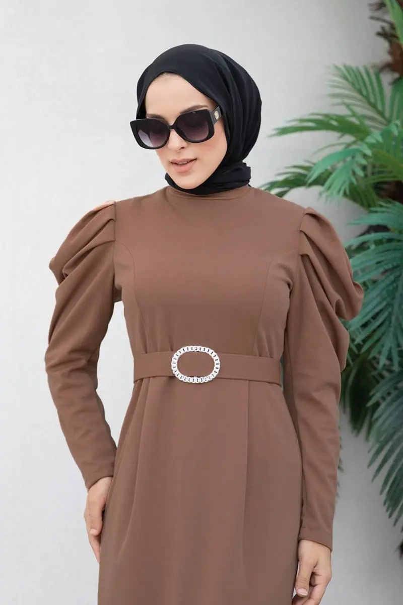 Balon Kol Elbise Kahverengi-detail