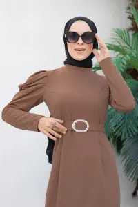 Balon Kol Elbise Kahverengi