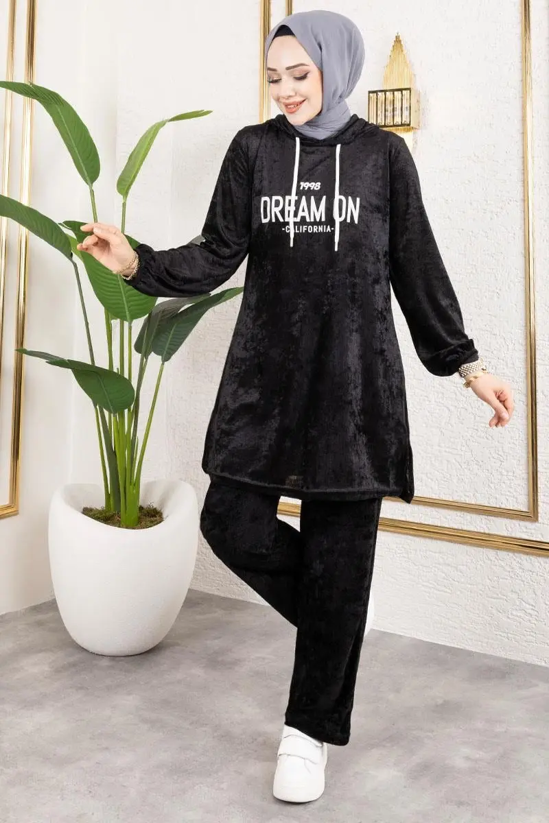 Printed Hooded Velvet Set-detail