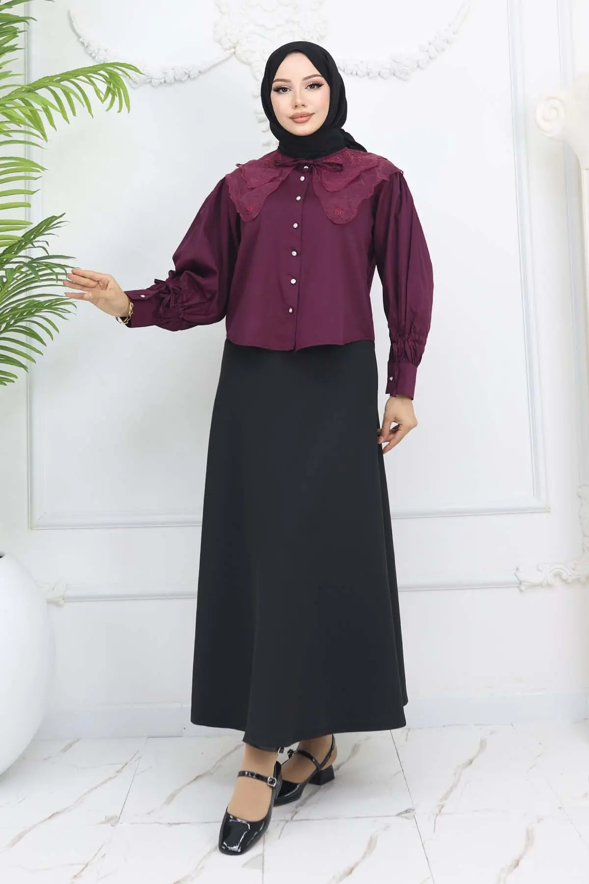 Bebe Yaka Kısa Gömlek Bordo 2254-detail