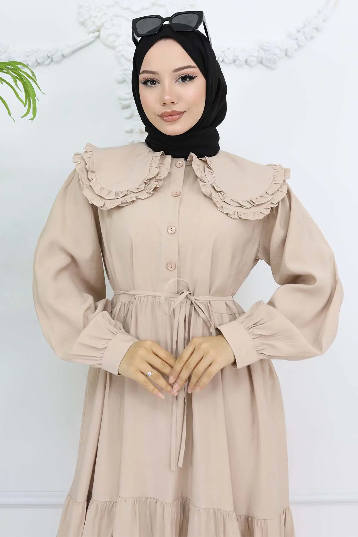 Bebe Yaka Önü Düğmeli Elbise Bej 2274-detail