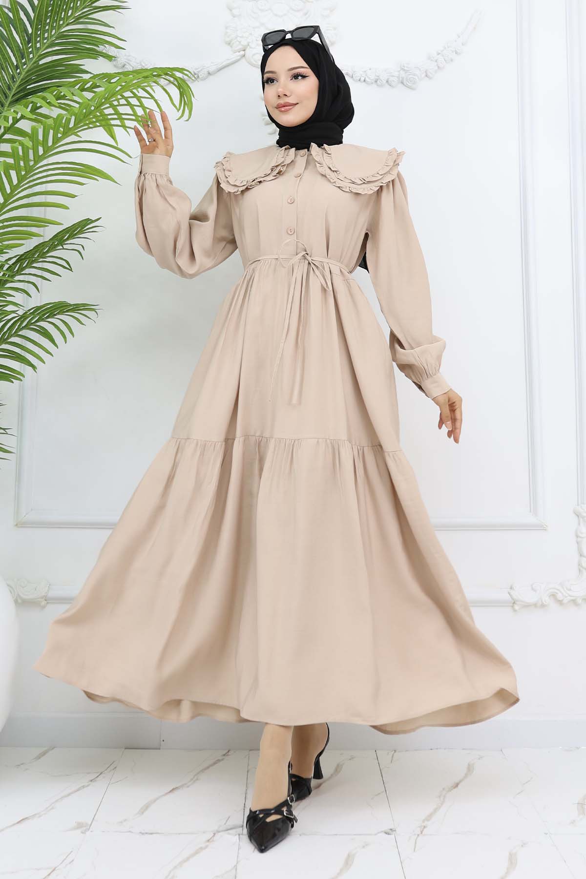 Bebe Yaka Önü Düğmeli Elbise Bej 2274