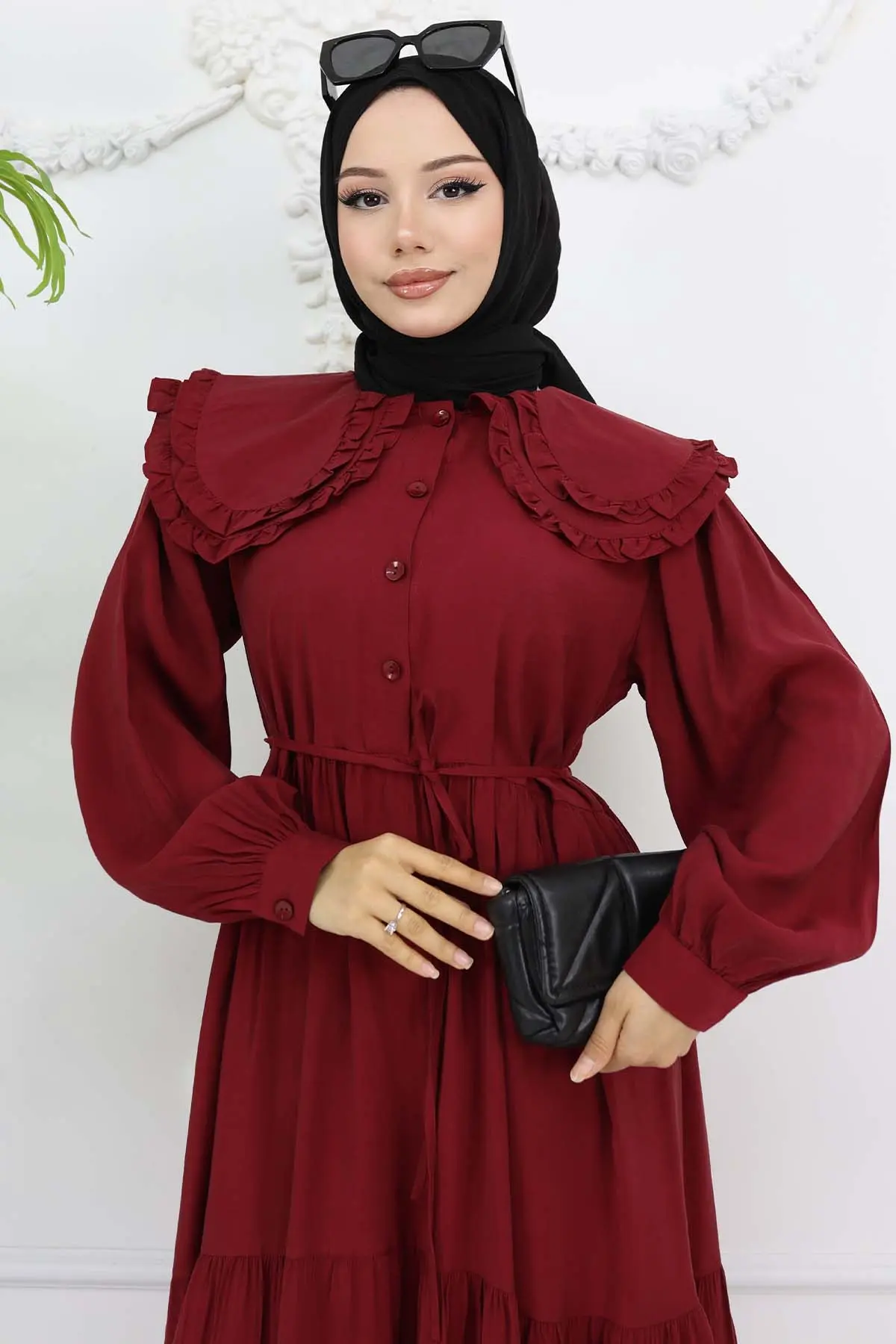 Bebe Yaka Önü Düğmeli Elbise Bordo 2274-detail