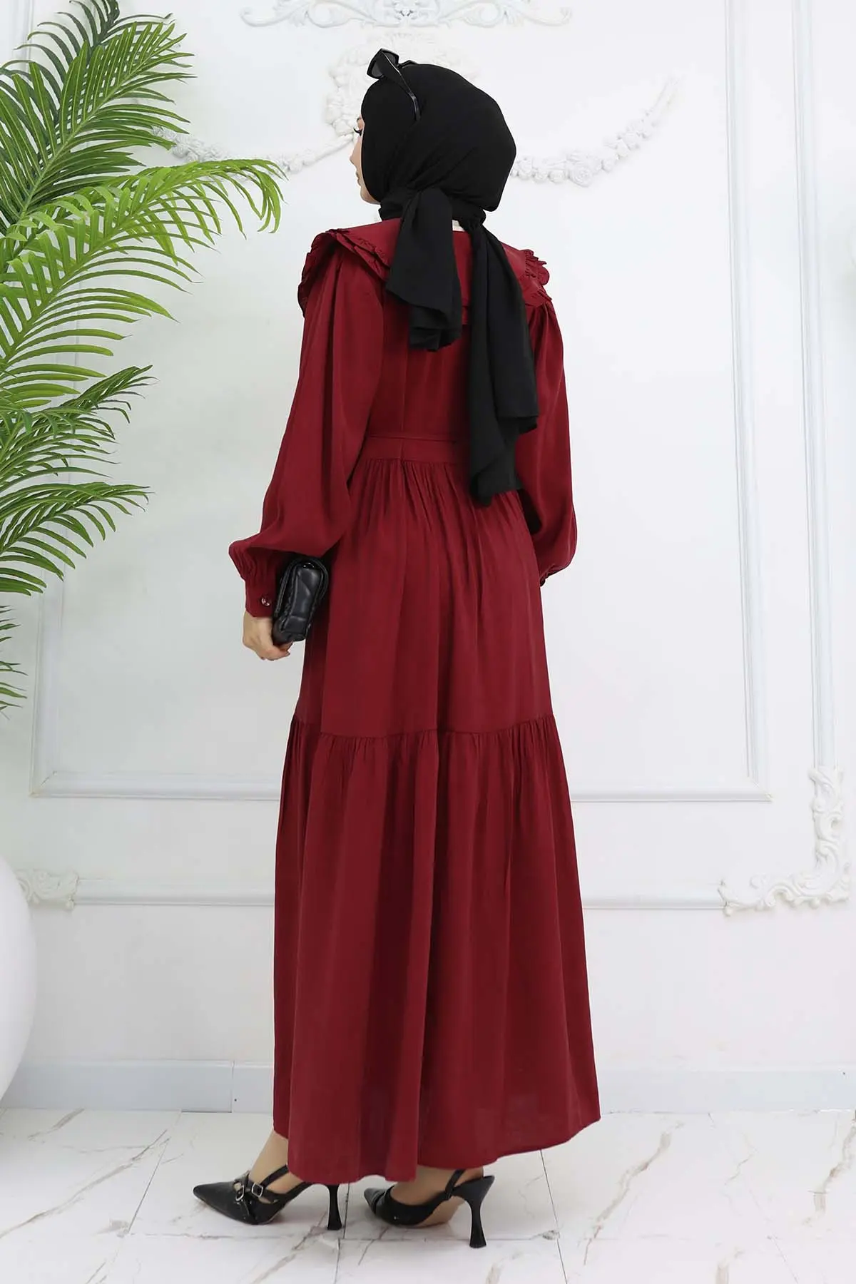 Bebe Yaka Önü Düğmeli Elbise Bordo 2274-detail