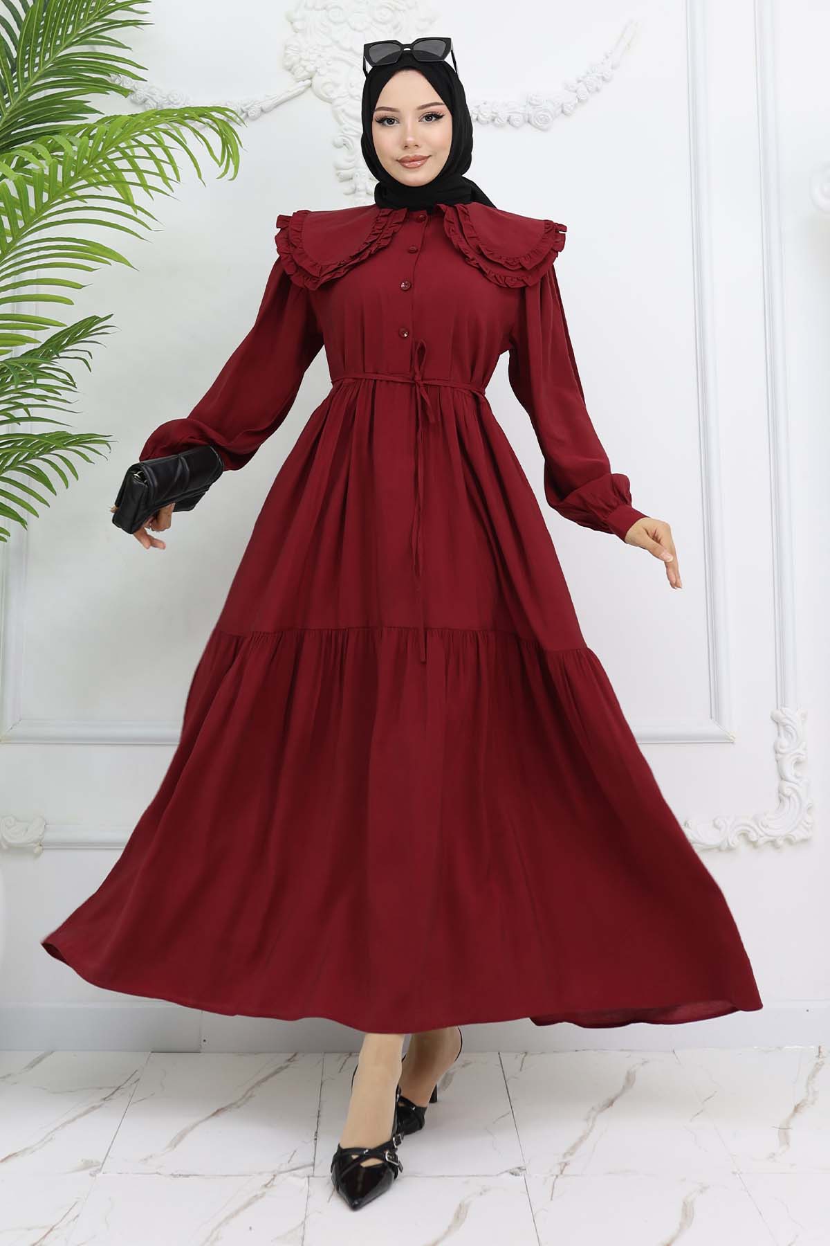 Bebe Yaka Önü Düğmeli Elbise Bordo 2274