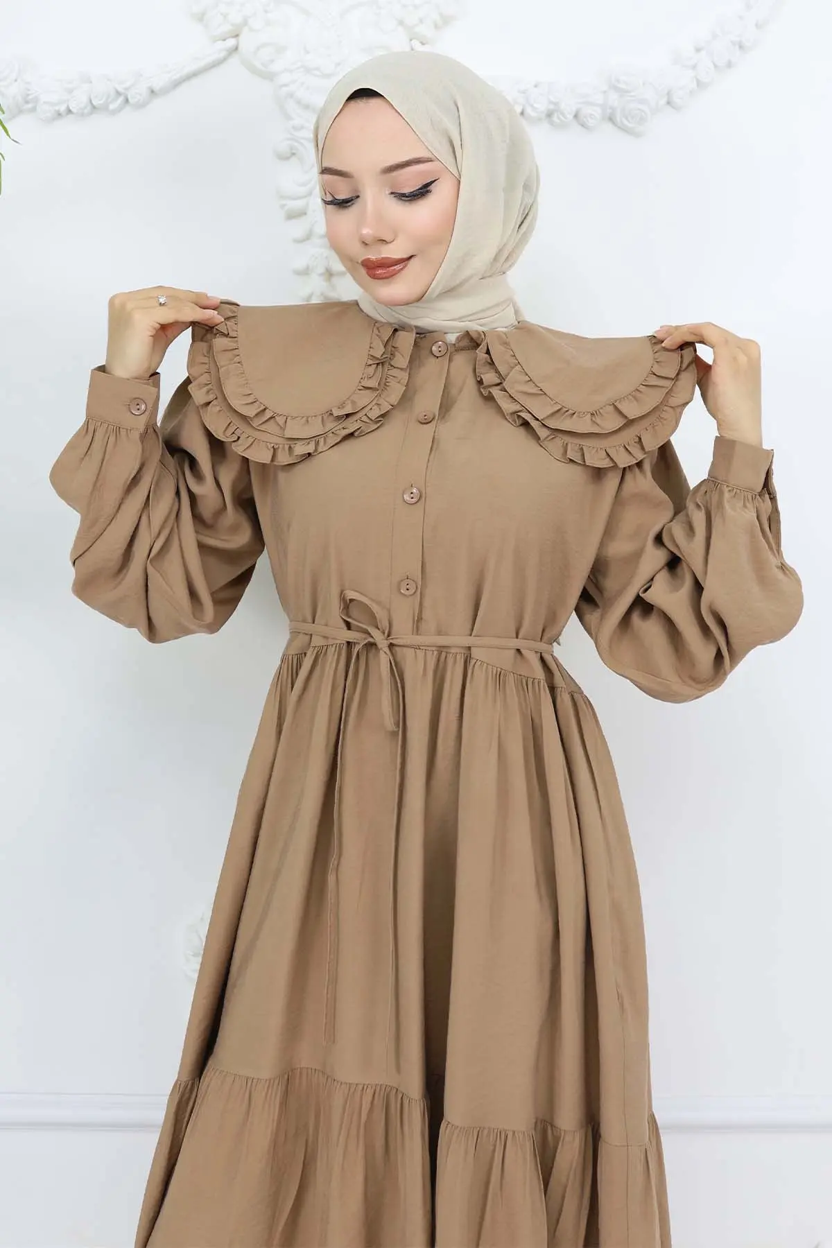 Bebe Yaka Önü Düğmeli Elbise Taba 2274-detail