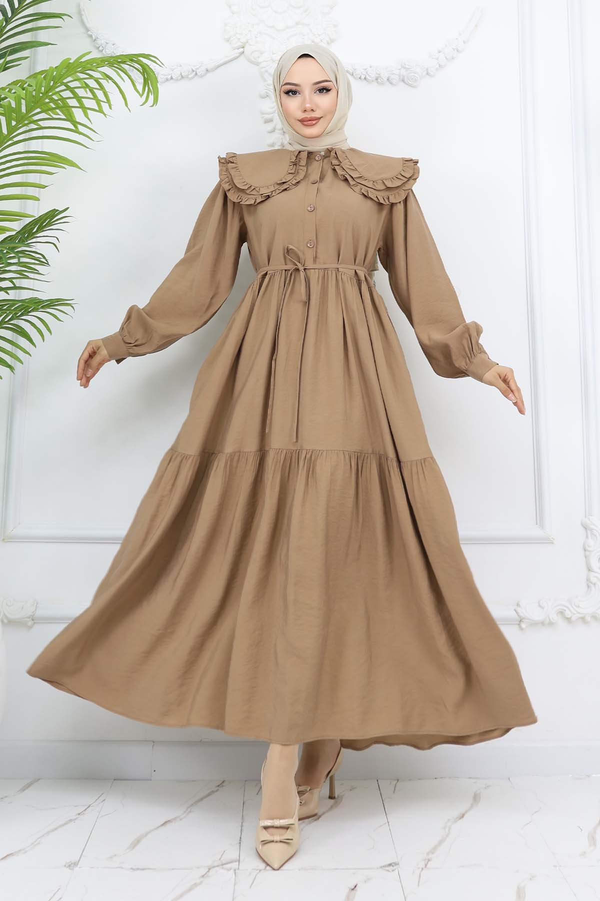 Bebe Yaka Önü Düğmeli Elbise Taba 2274