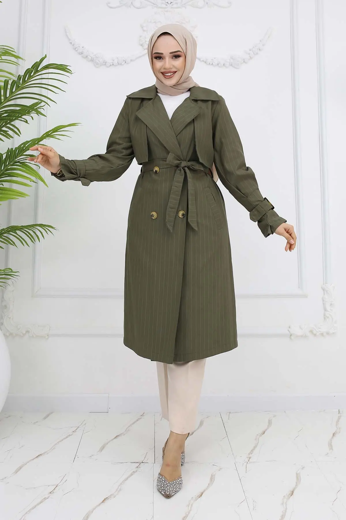 Striped Trench Coat With Waist And Arm Belt-detail