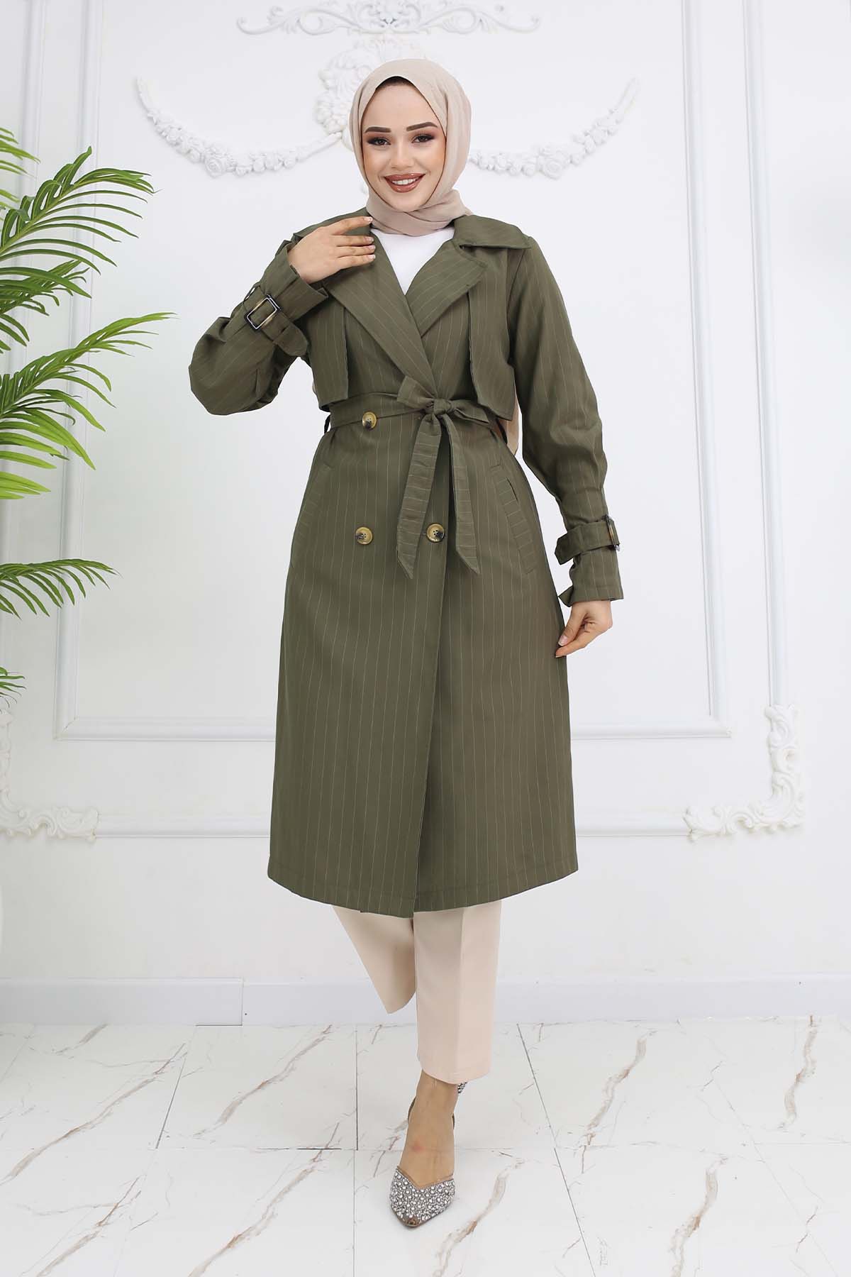 Striped Trench Coat With Waist And Arm Belt