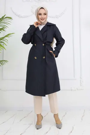 Striped Trench Coat With Waist And Arm Belt
