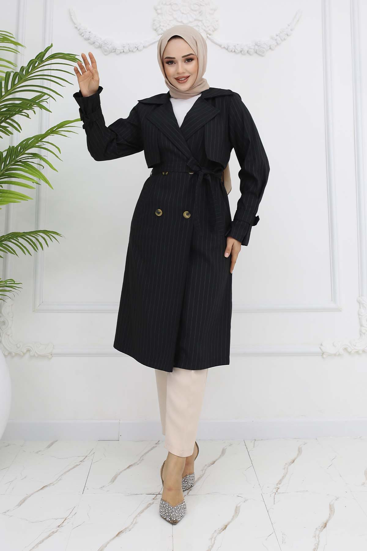 Striped Trench Coat With Waist And Arm Belt