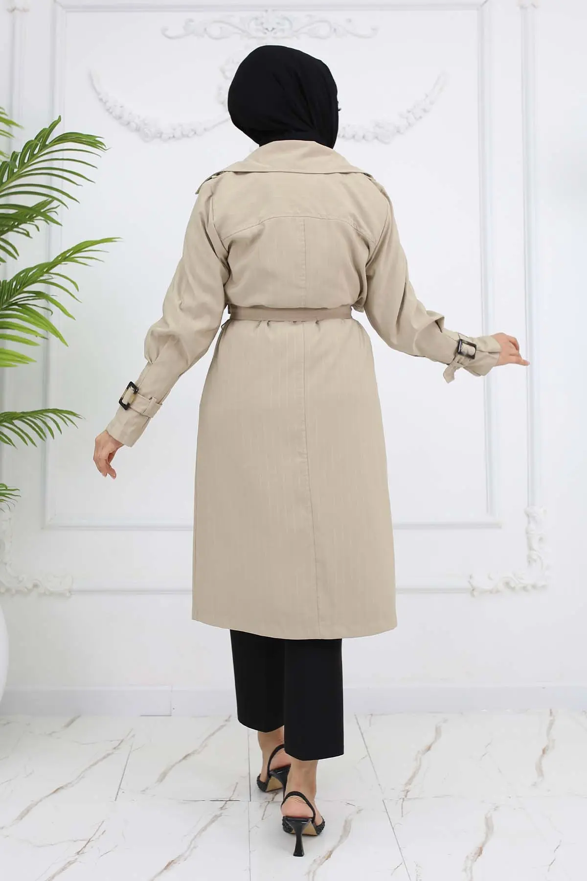 Striped Trench Coat With Waist And Arm Belt-detail