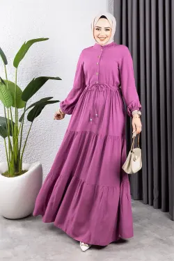 Belden Bağcıklı Viskon Elbise Gül Kurusu