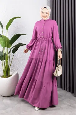 Belden Bağcıklı Viskon Elbise Gül Kurusu