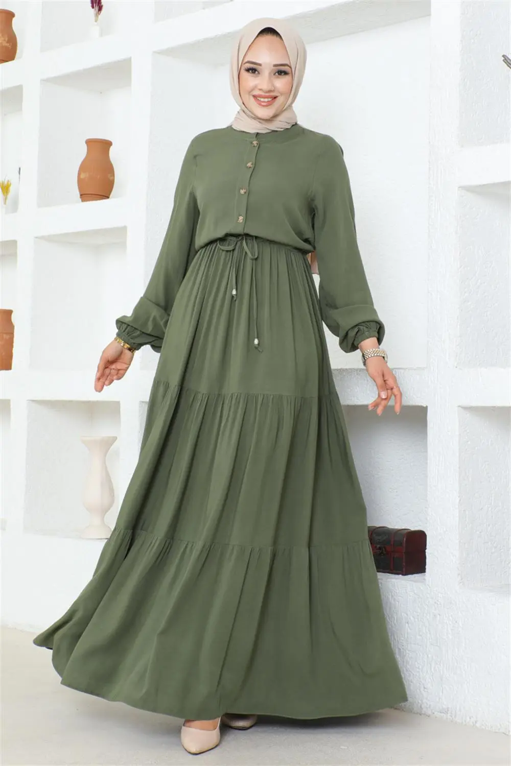 Belden Bağcıklı Viskon Elbise Haki-detail