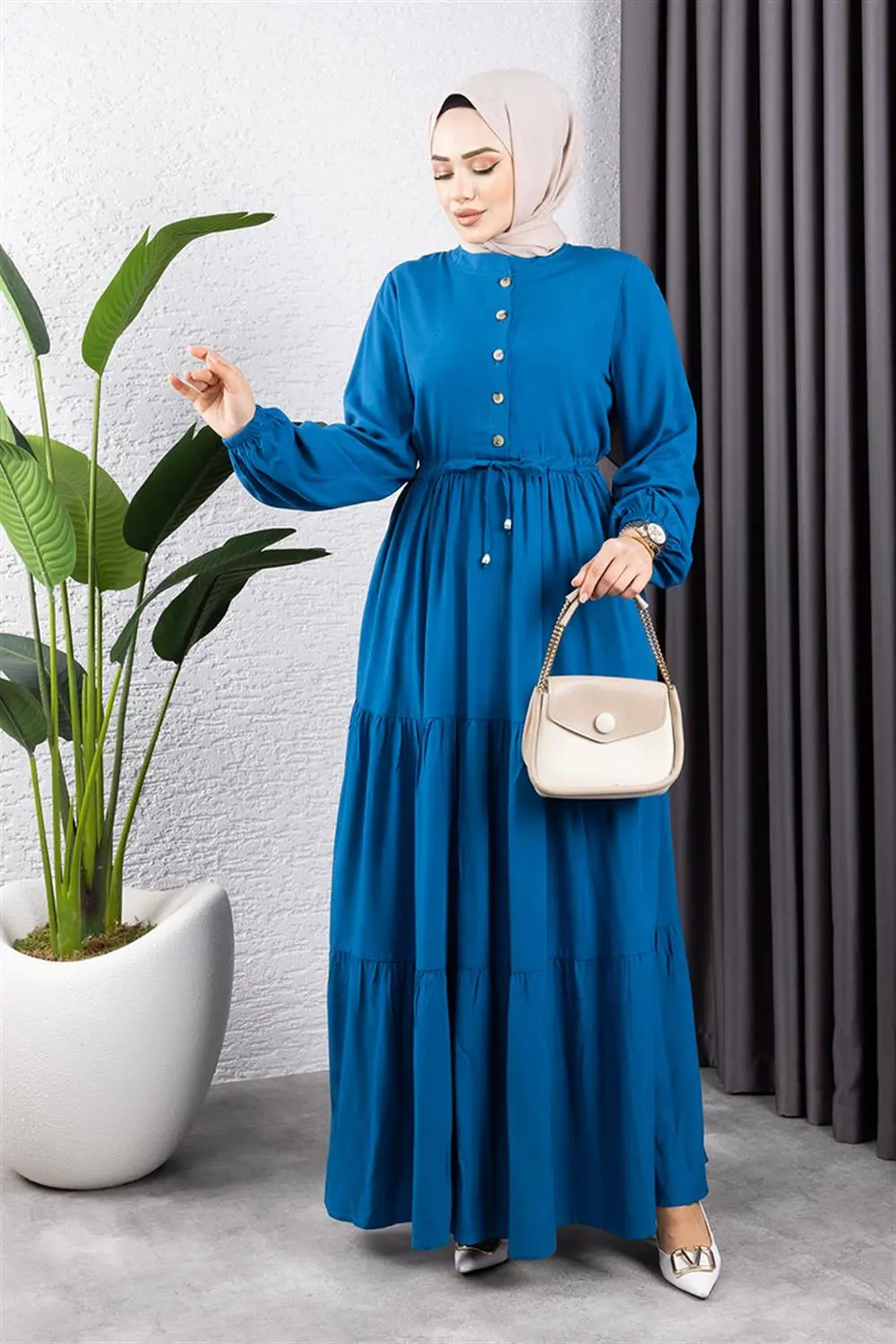 Belden Bağcıklı Viskon Elbise Indigo-detail