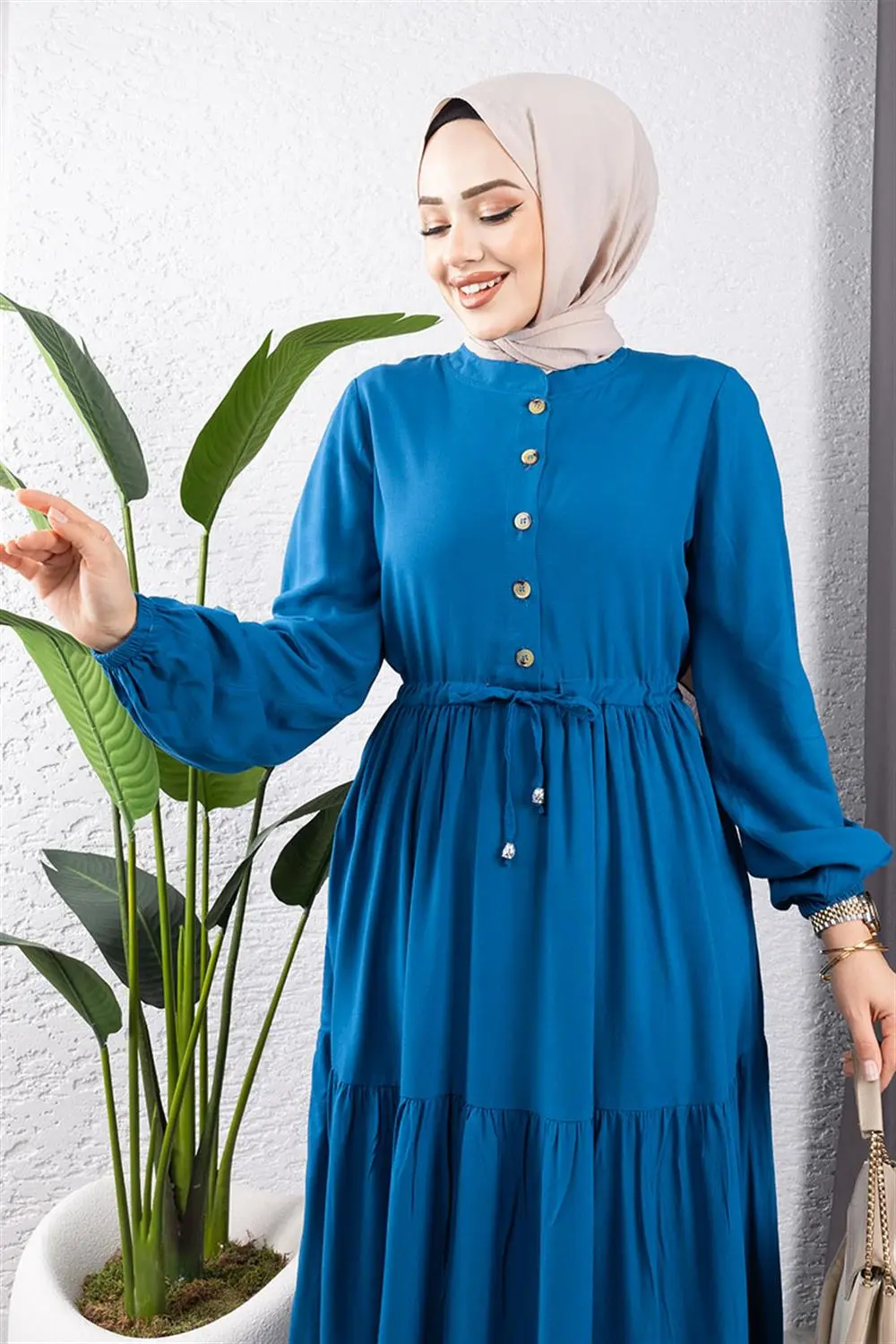 Belden Bağcıklı Viskon Elbise Indigo-detail