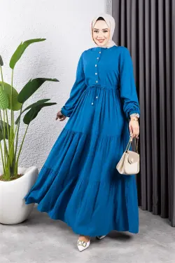 Belden Bağcıklı Viskon Elbise Indigo