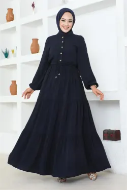 Belden Bağcıklı Viskon Elbise Lacivert