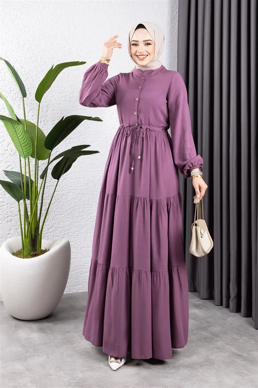 Belden Bağcıklı Viskon Elbise Lila-detail