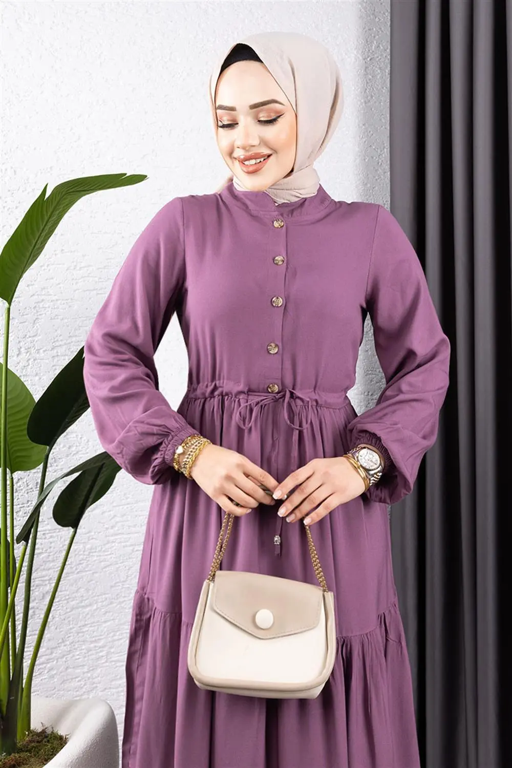 Belden Bağcıklı Viskon Elbise Lila-detail