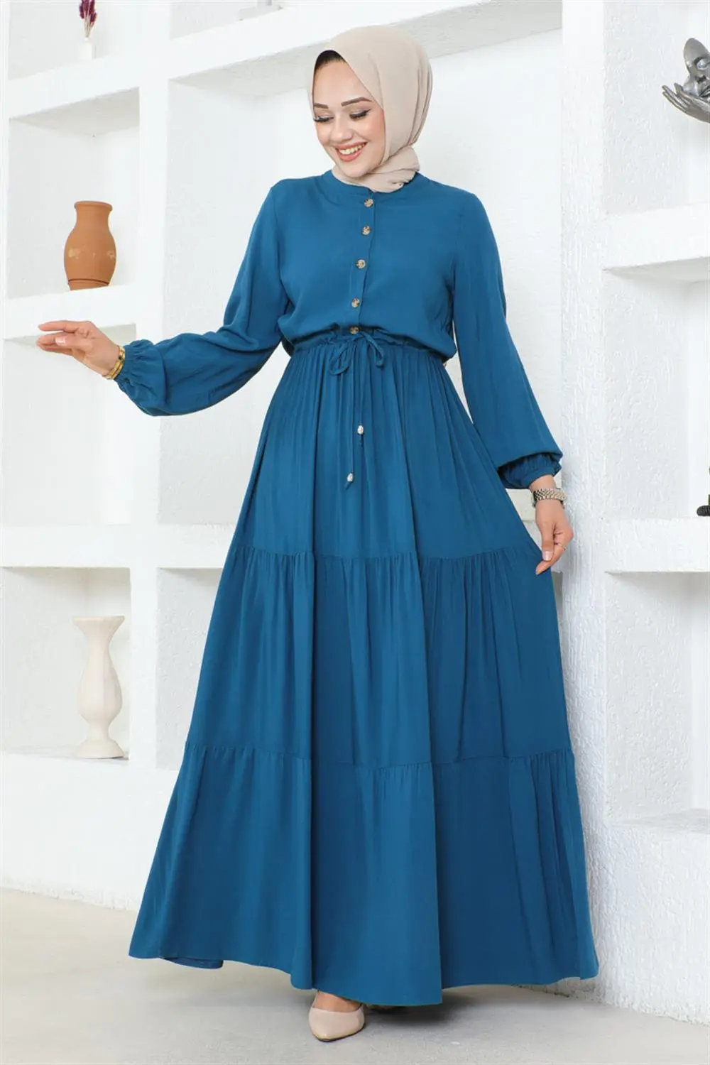 Belden Bağcıklı Viskon Elbise Petrol-detail