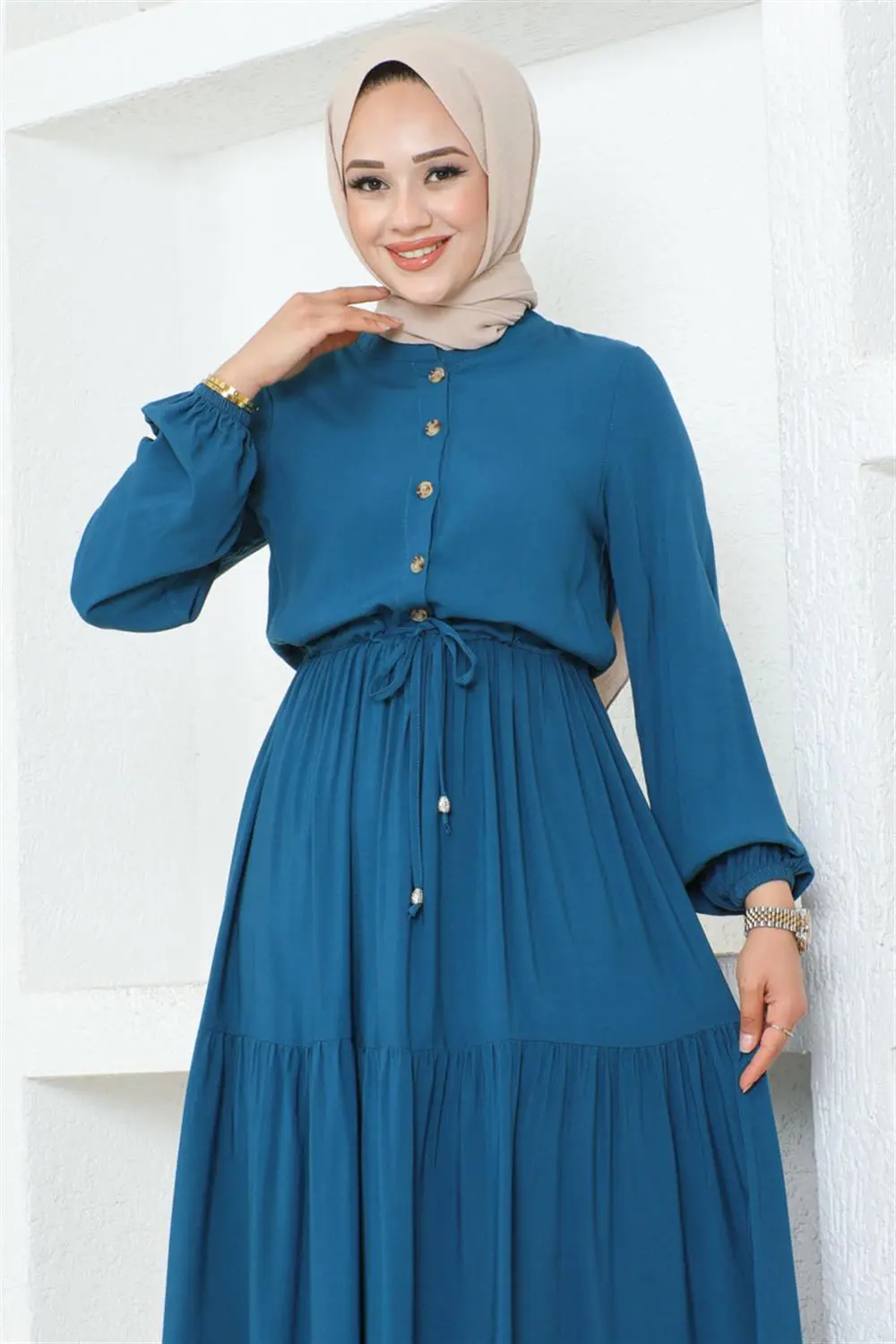 Belden Bağcıklı Viskon Elbise Petrol-detail