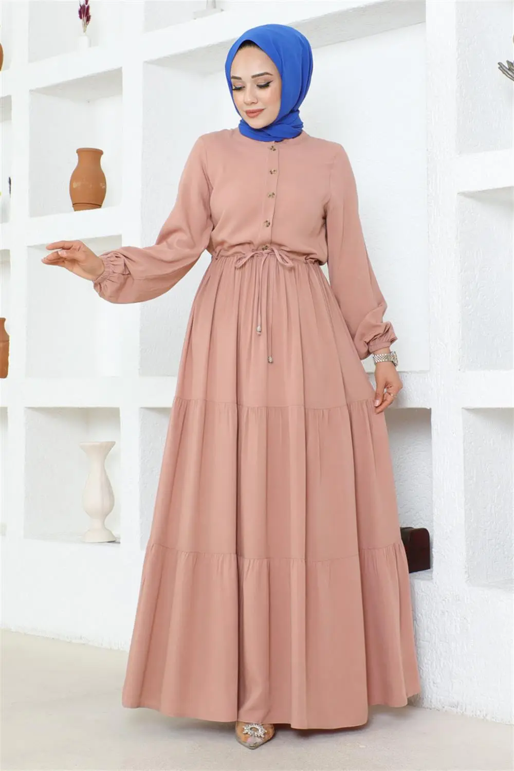 Belden Bağcıklı Viskon Elbise Pudra-detail