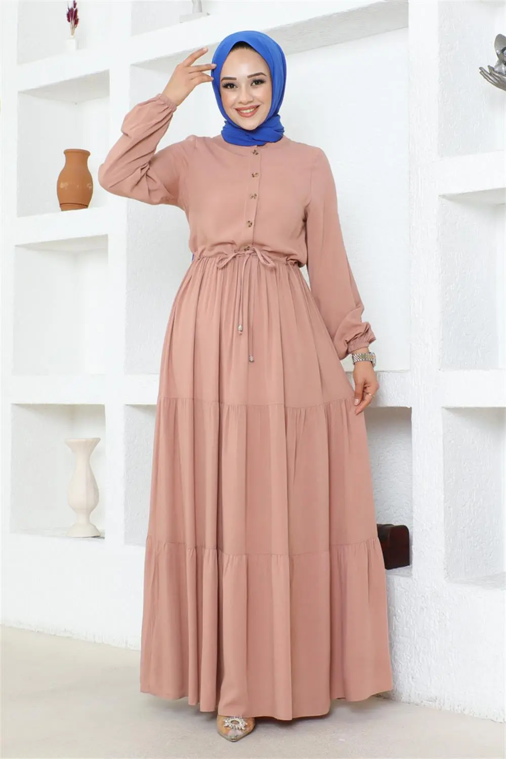 Belden Bağcıklı Viskon Elbise Pudra-detail