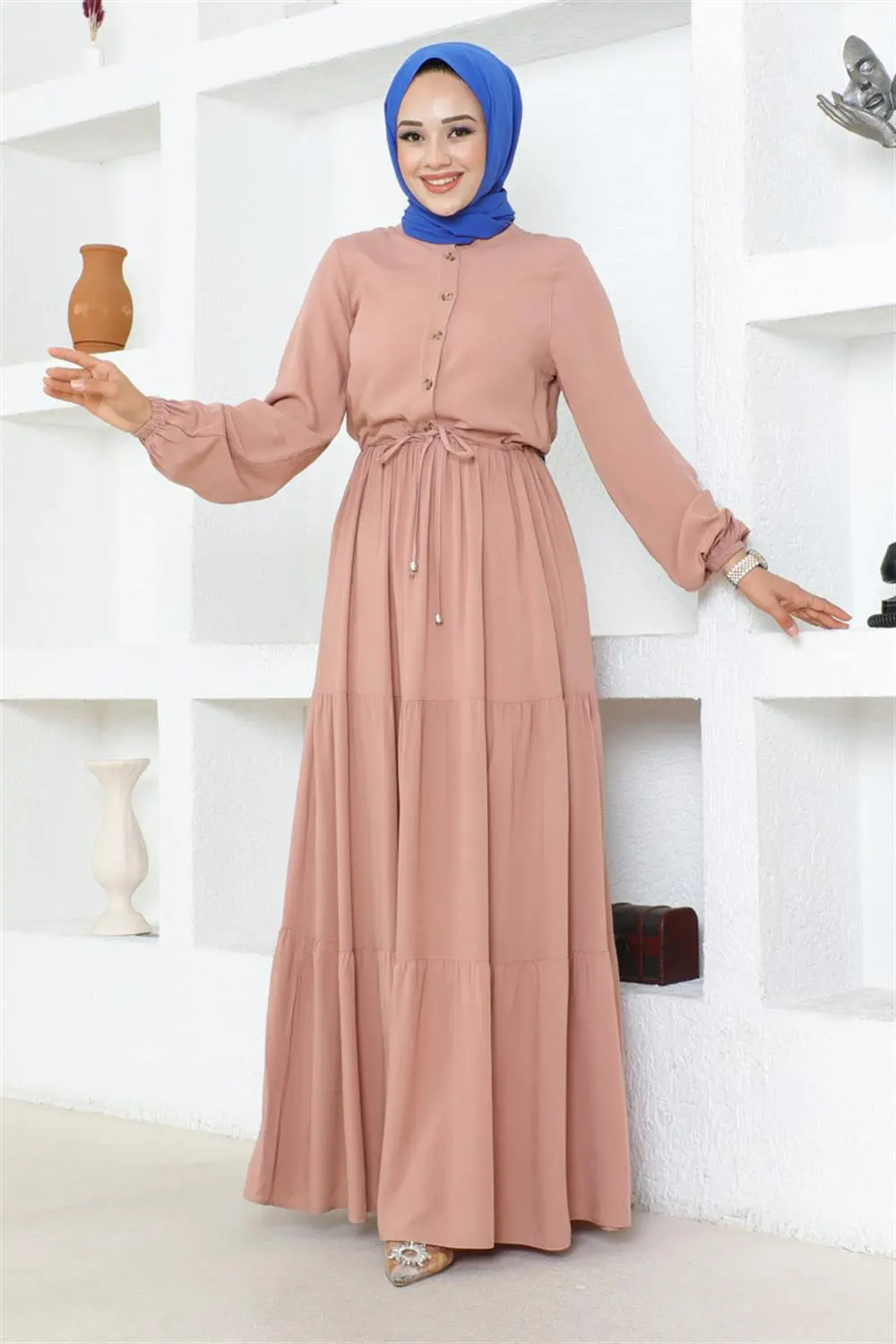 Belden Bağcıklı Viskon Elbise Pudra-detail