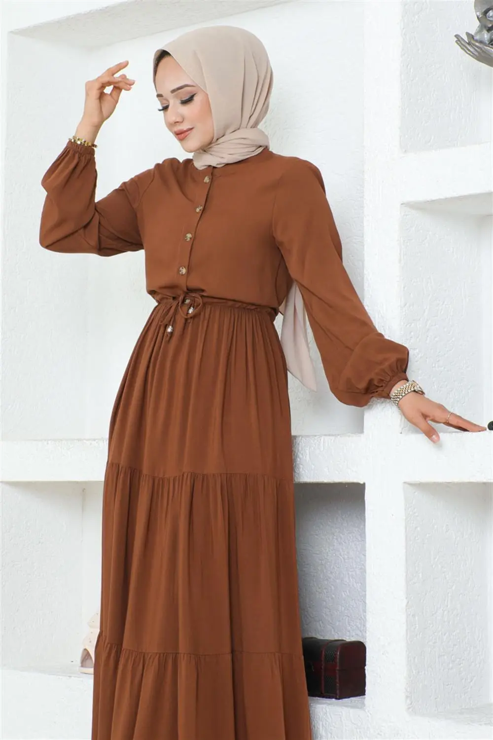 Belden Bağcıklı Viskon Elbise Taba-detail