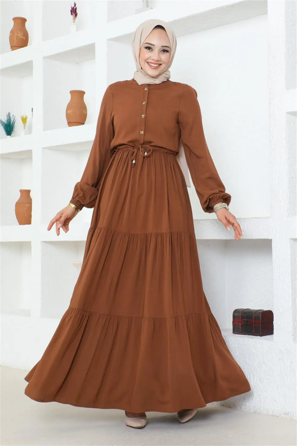 Belden Bağcıklı Viskon Elbise Taba-detail