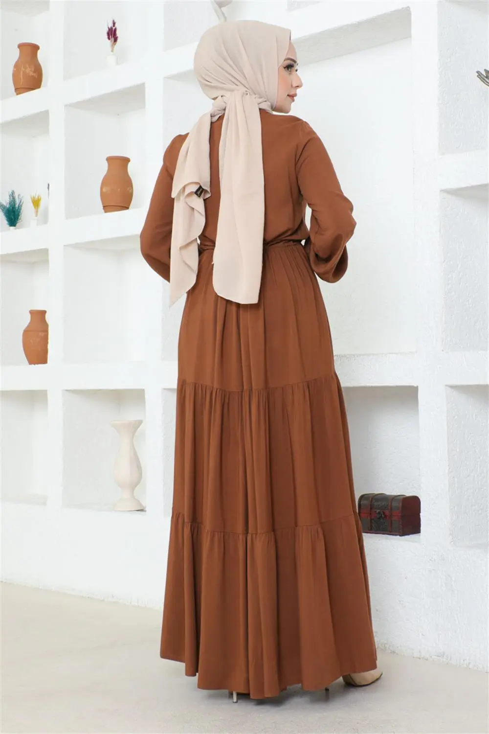 Belden Bağcıklı Viskon Elbise Taba-detail