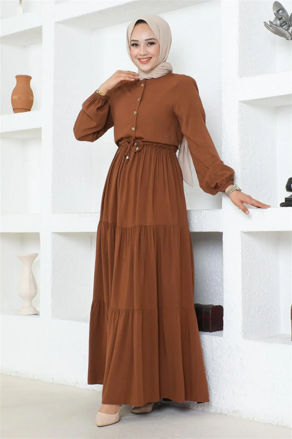 Belden Bağcıklı Viskon Elbise Taba-detail