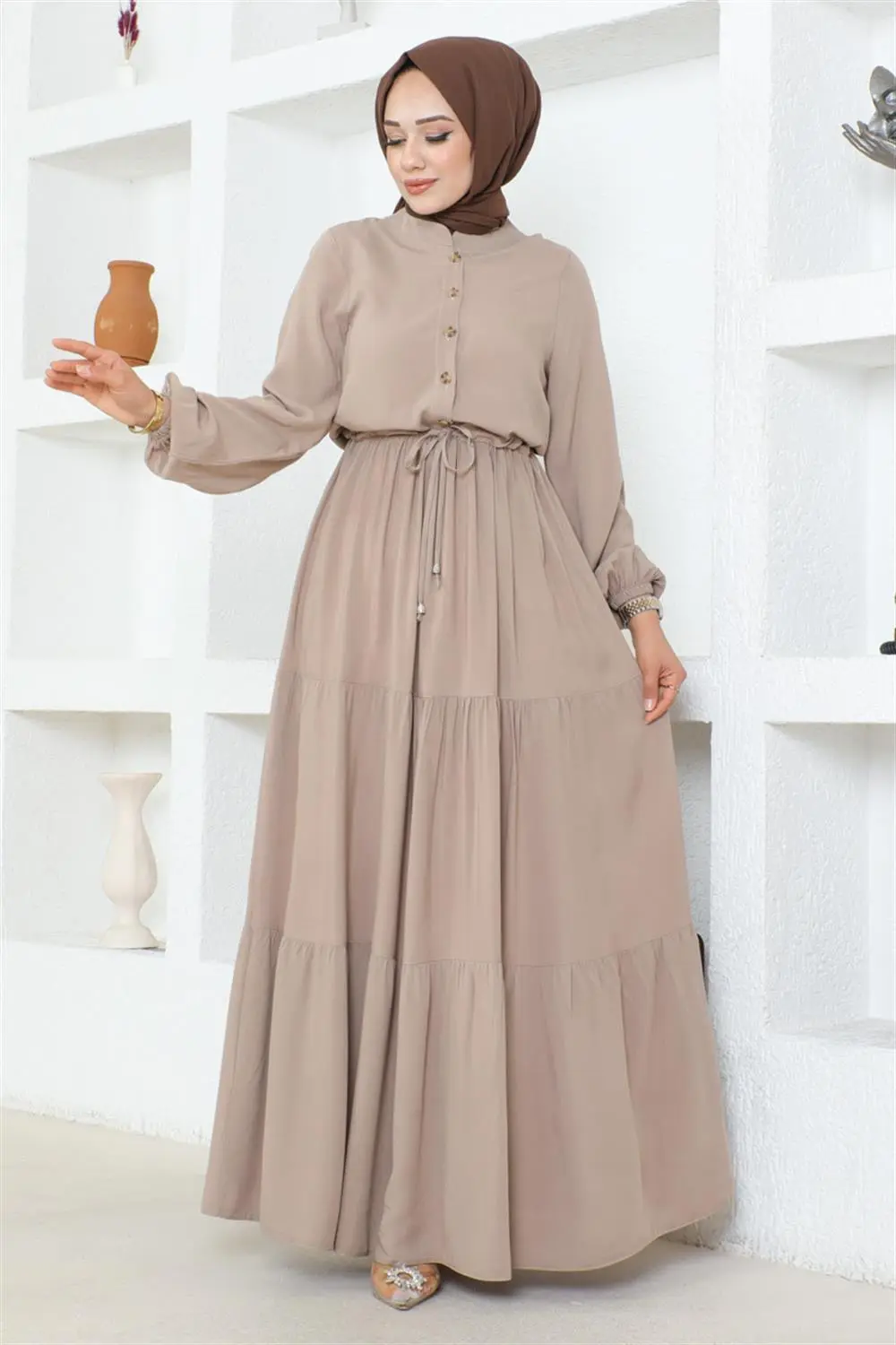 Belden Bağcıklı Viskon Elbise Vizon-detail