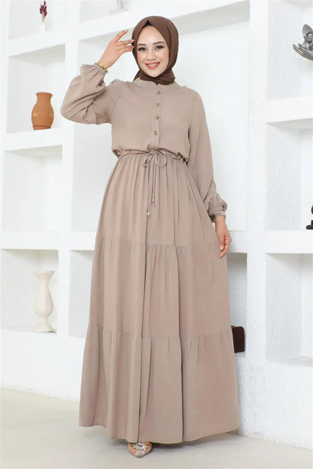 Belden Bağcıklı Viskon Elbise Vizon-detail