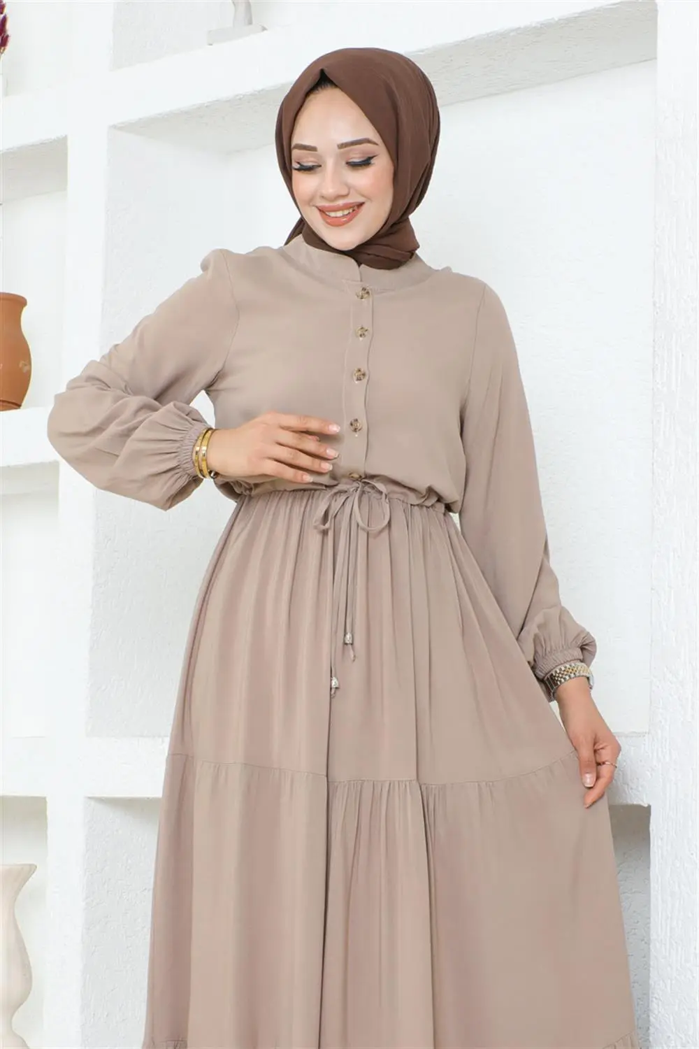 Belden Bağcıklı Viskon Elbise Vizon-detail