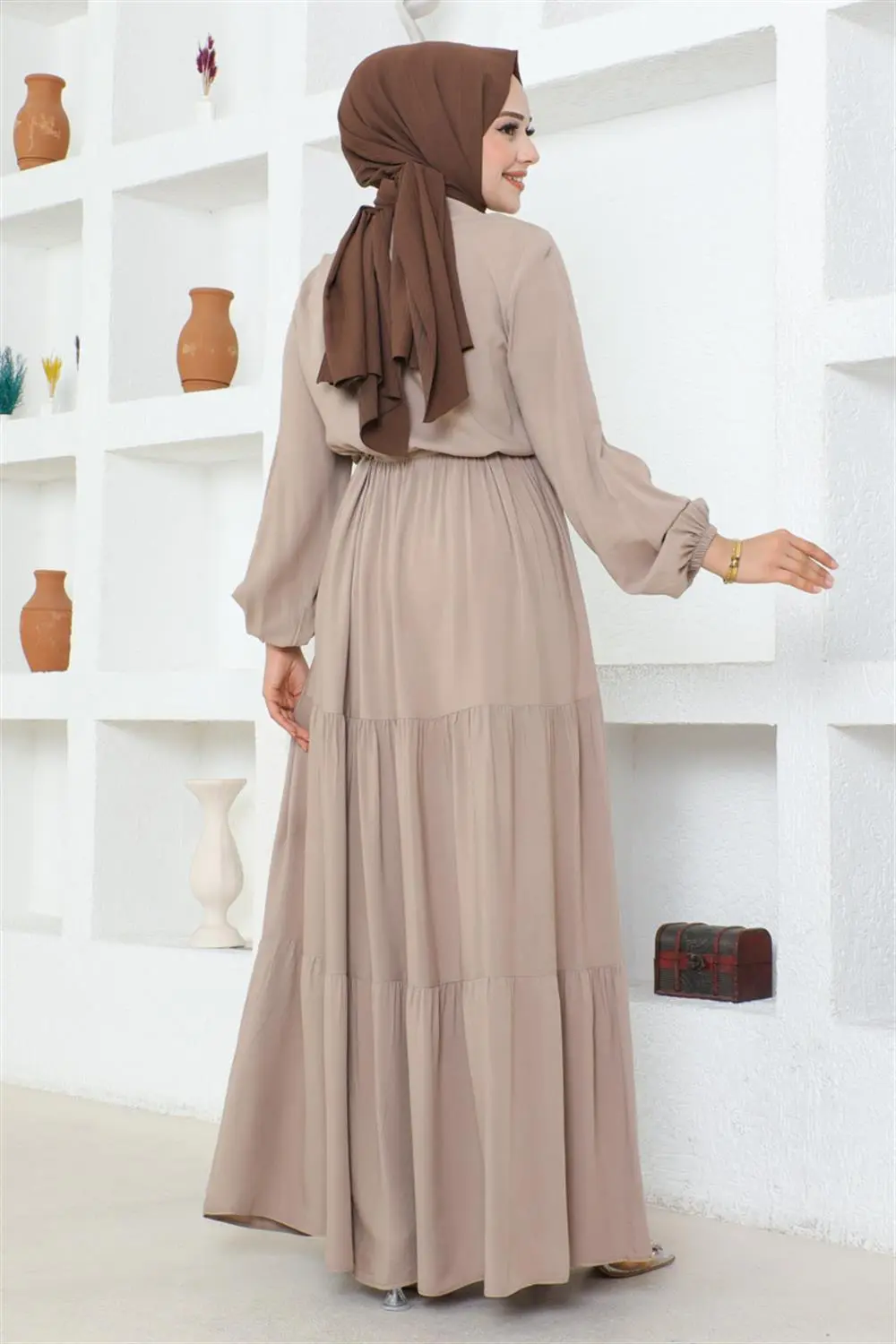 Belden Bağcıklı Viskon Elbise Vizon-detail