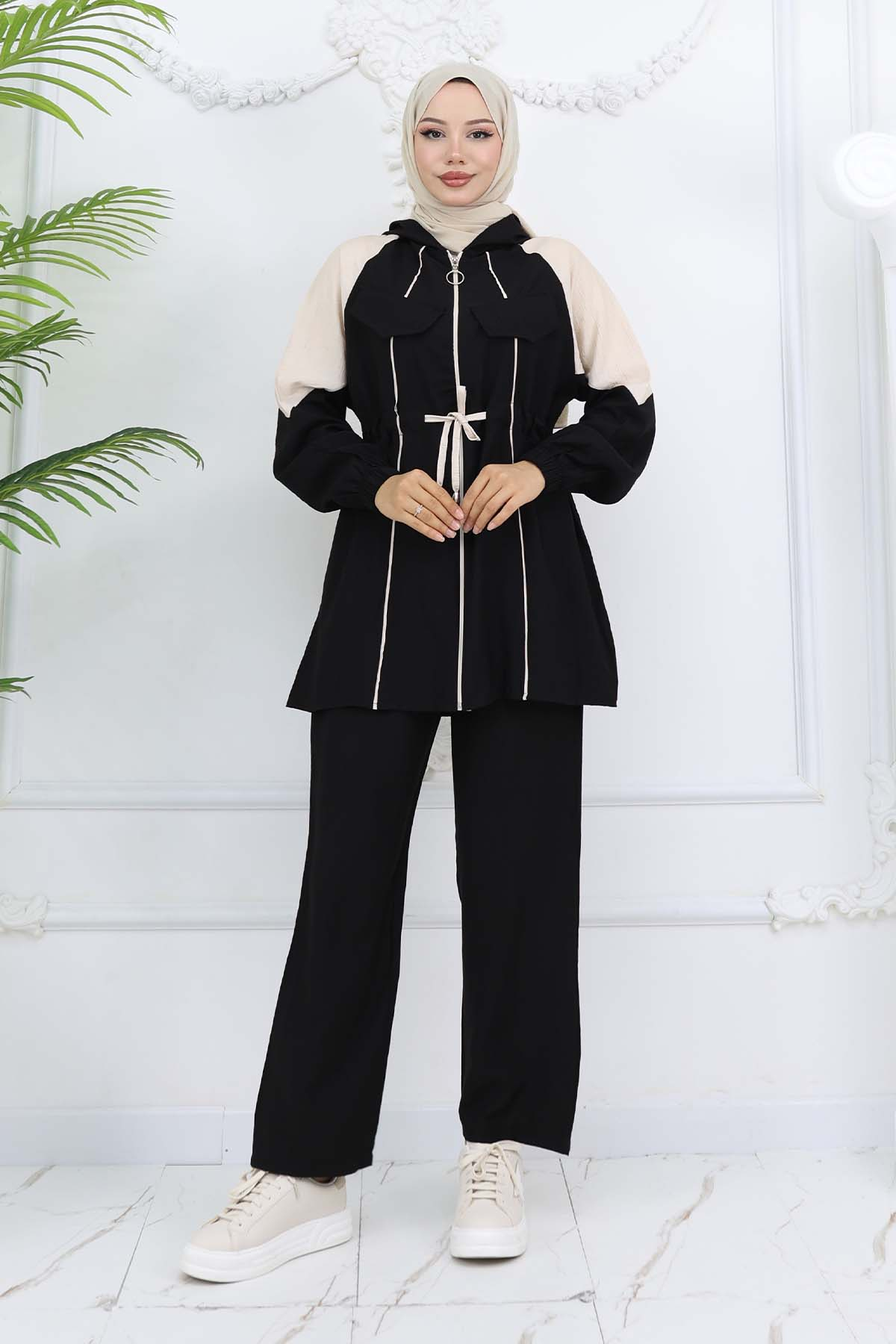 Belden Bağlamalı Şeritli Takım Siyah 4737