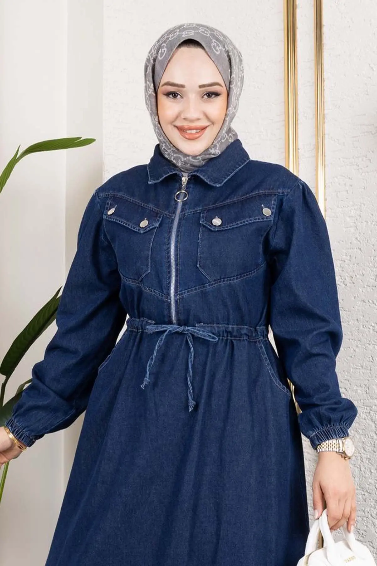 Beli Bağcıklı Cepli Kot Elbise Lacivert 6116-detail