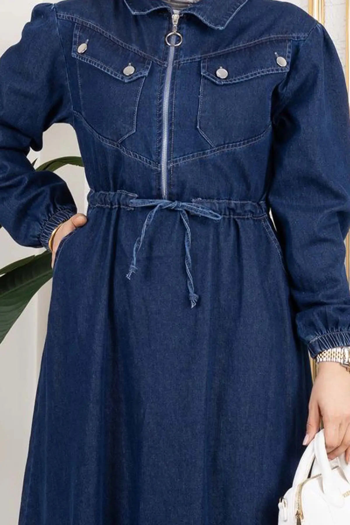 Beli Bağcıklı Cepli Kot Elbise Lacivert 6116-detail