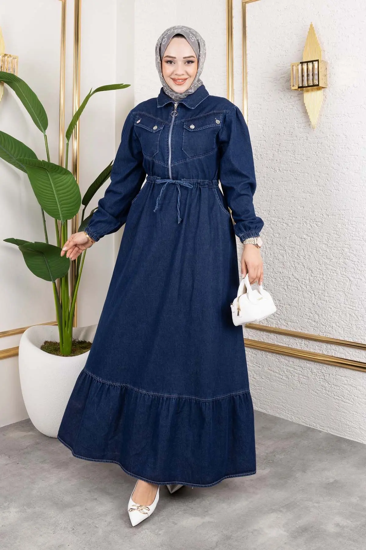 Beli Bağcıklı Cepli Kot Elbise Lacivert 6116-detail