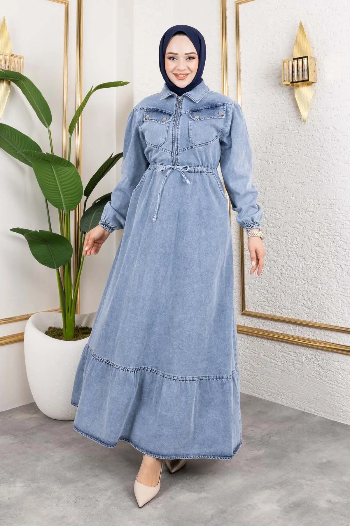 Beli Bağcıklı Cepli Kot Elbise Mavi 6116-detail