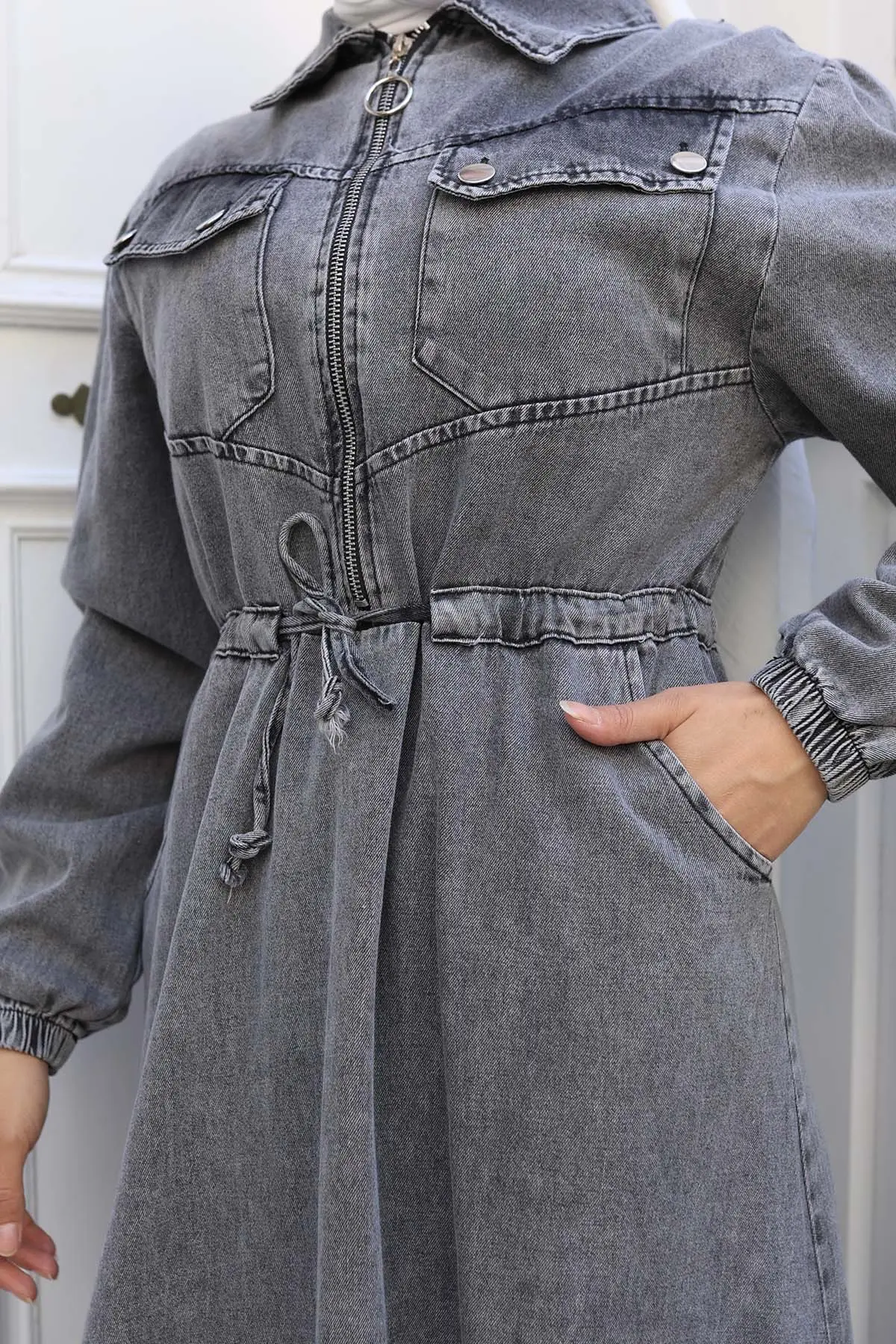 Waist Tie Pocket Denim Dress-detail