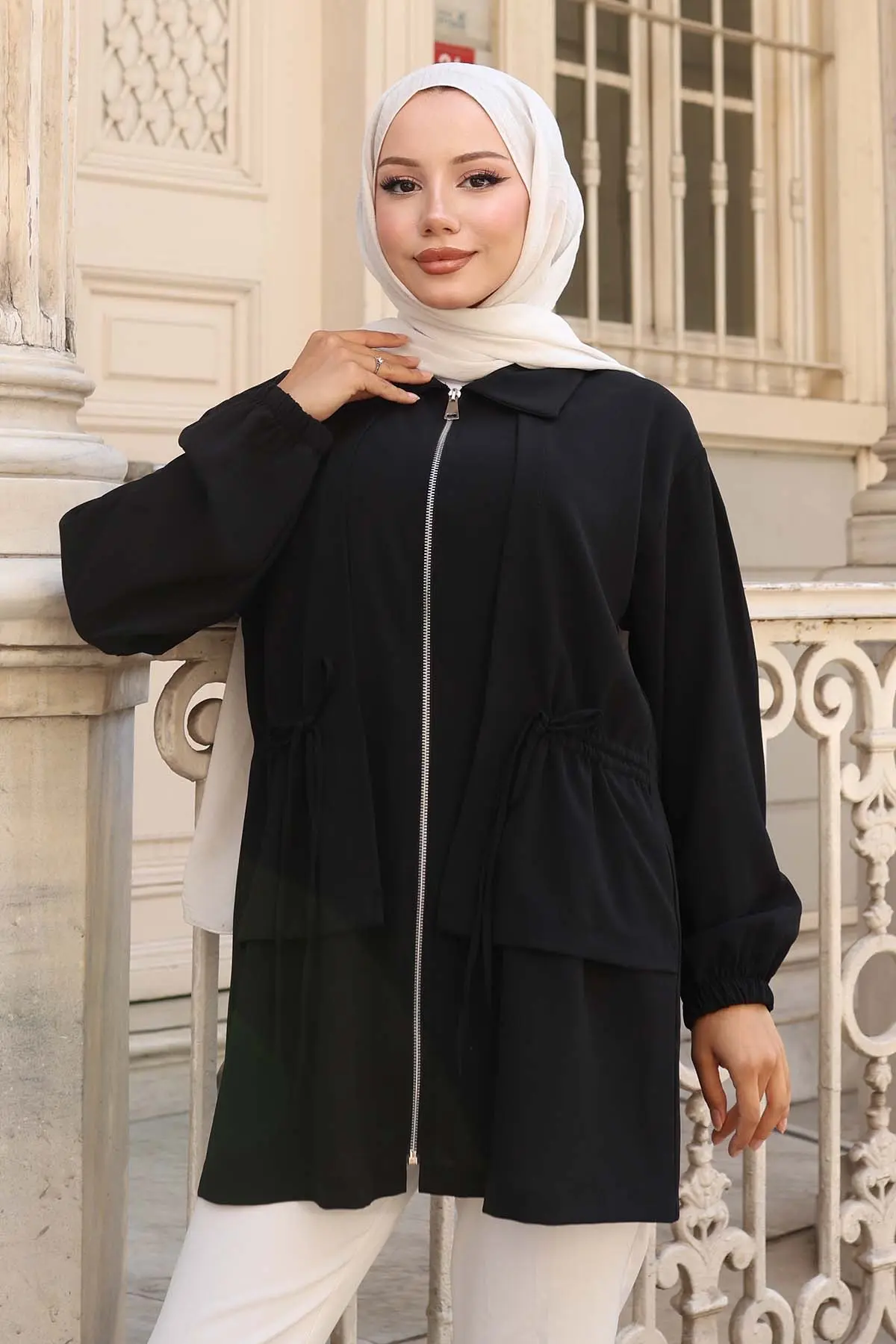 Beli Büzgülü Fermuarlı Kısa Kap-detail